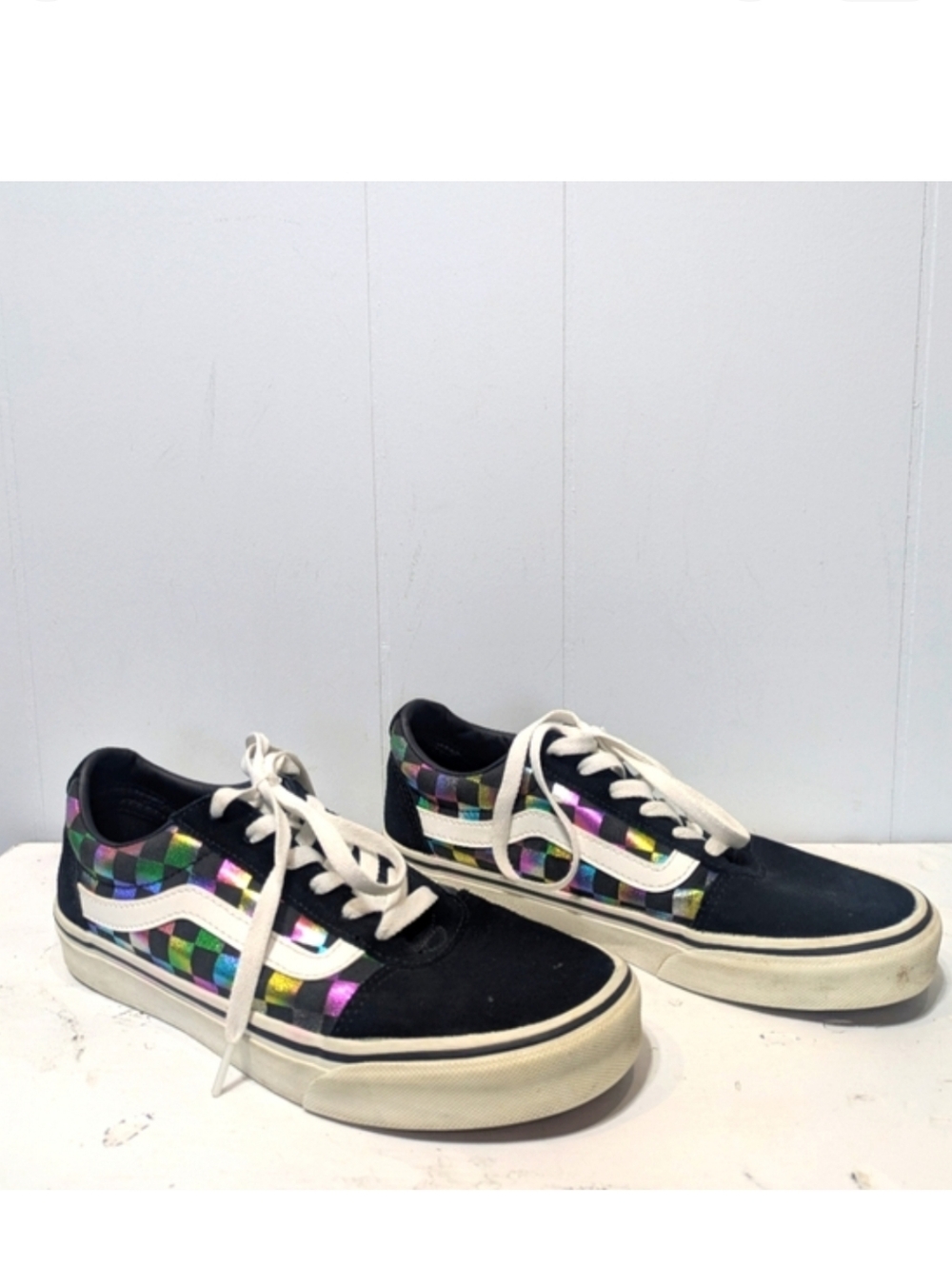 Vans Ward Old Skool Holographic Checkerboard Sneakers Black Rainbow Iridescent 8